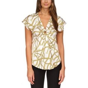 Michael Kors Chain Print Top Blouse Keyhole Neck Short Sleeve White 1X‎